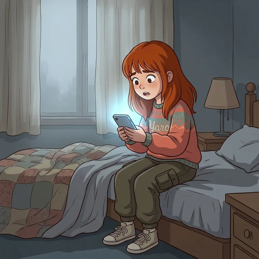 Yaro yatağın kenarında, telefon ışığında şaşkın