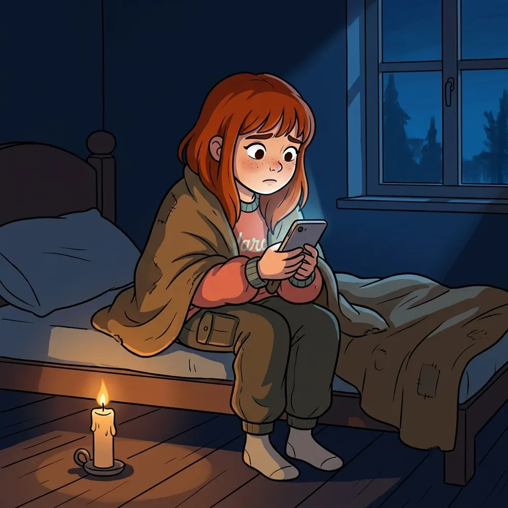 Gece, yanında mum, battaniyeye sarılı Yaro telefona bakıyor